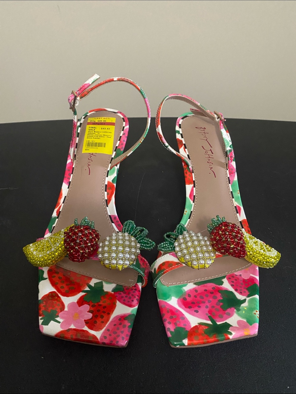 Betsey Johnson Strawberry & Pineapple Embellished Pink Floral Slingback Heels